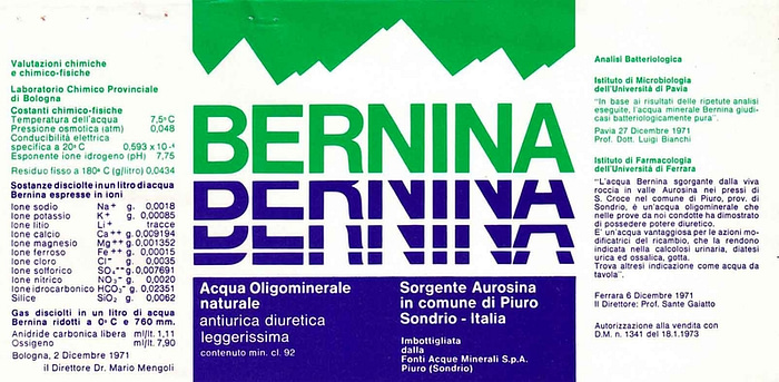etichetta bottiglie acqua naturale Bernina del 1971