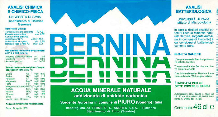 etichetta bottiglie acqua Bernina del 1985