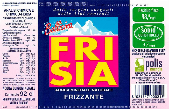 etichetta bottiglia acqua frizzante Frisia del 2014