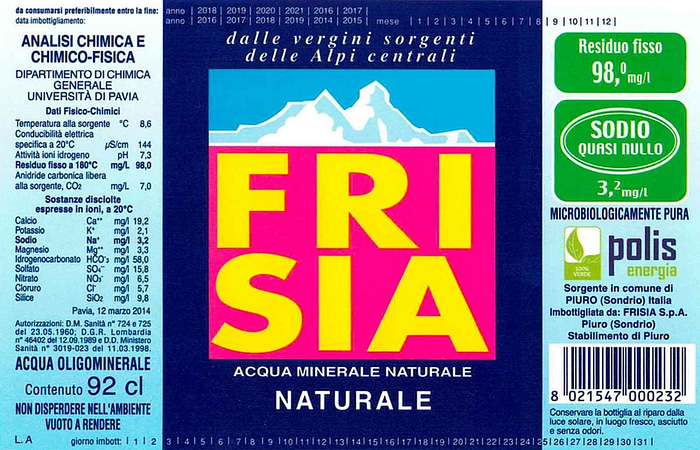 etichetta bottiglia acqua naturale Frisia