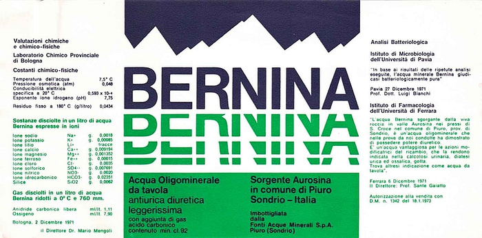 etichetta bottiglie acqua Bernina del 1971