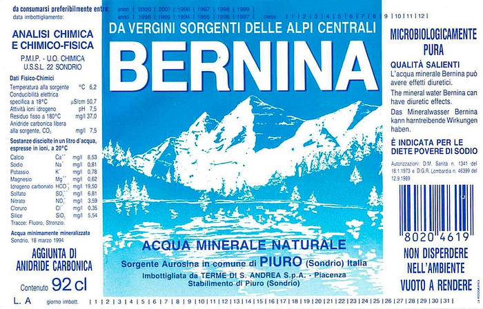 etichetta bottiglie acqua Bernina del 1994
